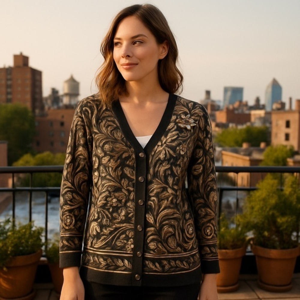 Black/Brown Paisley Artisan Cardigan - Everday Work to Evening EUC L #703